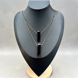 Brutalist Layered Necklace Obsidian Brass Chain Modernist Gothic Witchy Stone